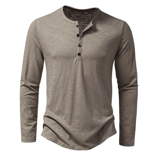 Henley Collar Summer Men Casual Cotton Button Long Sleeve shirt