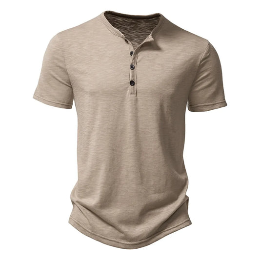 Henley Collar Summer Men Casual  Short Sleeve T Shirt